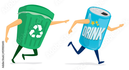 Funny chase between recycling bin and can