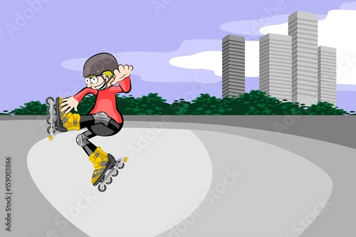 Rollerblader boy jumping in the skate park