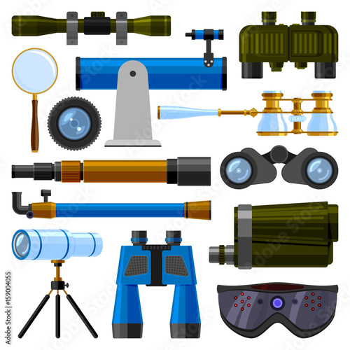 Camera lens and binoculars glass, spypyglass optics ocular device optical equipment spyglass, telescope vector illustration