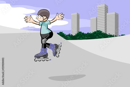 Rollerblader boy jumping in the skate park
