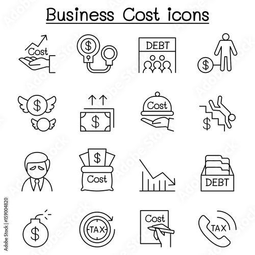 Business Cost , Debt, Tax, Crisis icon set in thin line style
