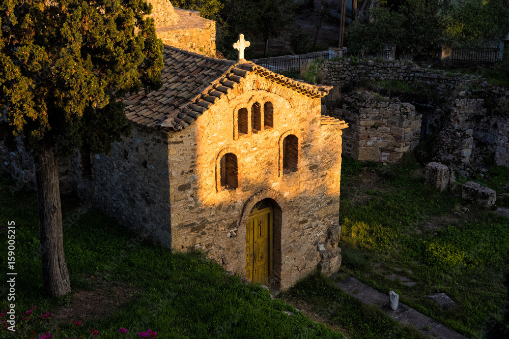 Old Byzantine church at sunset in the town of Koroni in Peloponnese, Greece