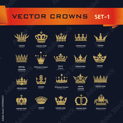 Vector collection of creative king, queen, princess, pope crowns symbols or logo elements