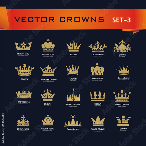 Vector collection of creative king, queen, princess, pope crowns symbols or logo elements