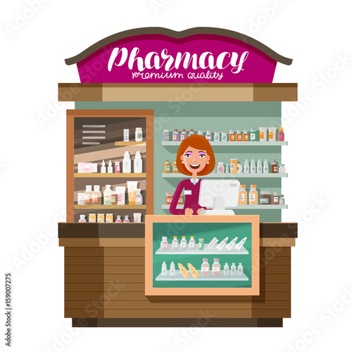 Pharmacy, pharmaceutics, drugstore. Medicine, drug, medication concept. Cartoon vector illustration