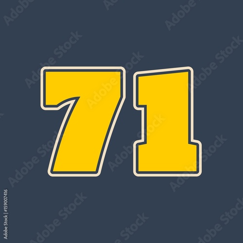 71 number vector illustration. Classic style Sport Team font.