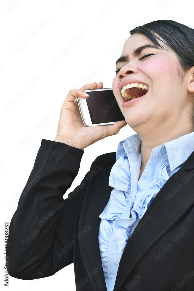 businesswoman talking with telephone on white background with clipping path. businesswoman talking with telephone on white background with clipping path.
