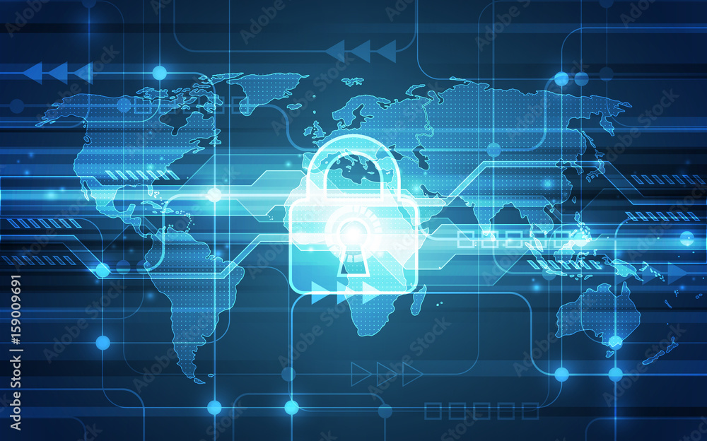Abstract technology security on global network background, vector illustration
