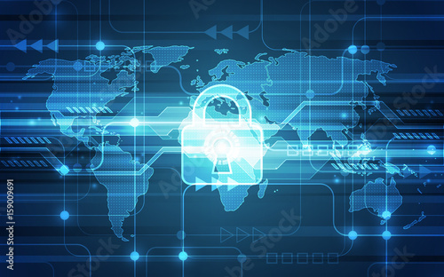 Abstract technology security on global network background, vector illustration