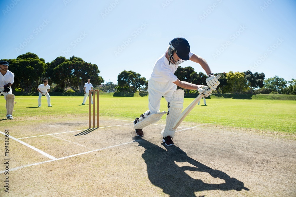 Naklejka premium Young man playing cricket at field against clear sky