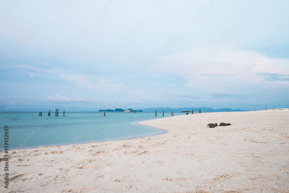 S shape beach on a nice summer. It is an evening on a beach in Thailand. The sea water is blue, green, and turquoise under the blue sky and some clouds. White sand beach curves in S shape is Summer. 