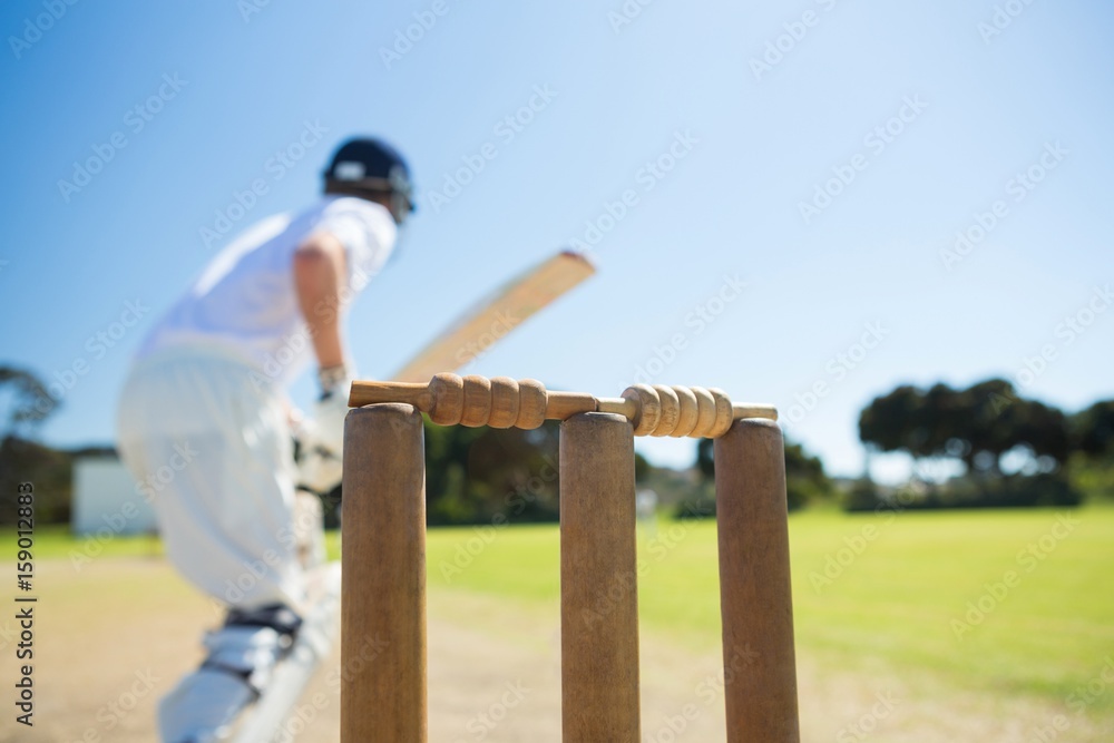 Naklejka premium Close up of wooden stump by batsman standing on field