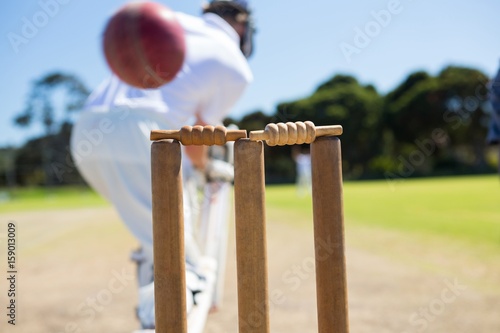 Close up of ball by stump against batsman