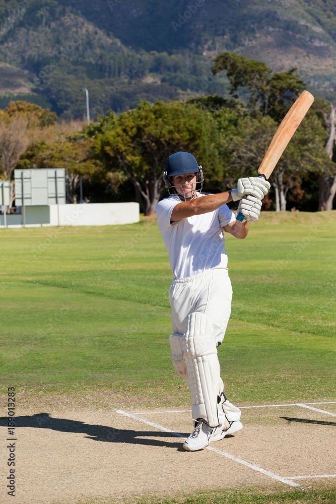 Fototapeta premium Young batsman playing cricket at field