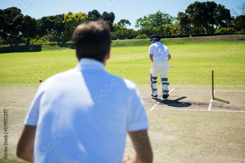 Rear view of man standing by batsman at cricket field