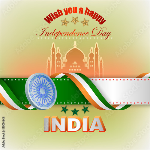 Holiday design, background with 3d texts, national flag colors and spinning wheel, for fifteen of August, India Independence day, celebration