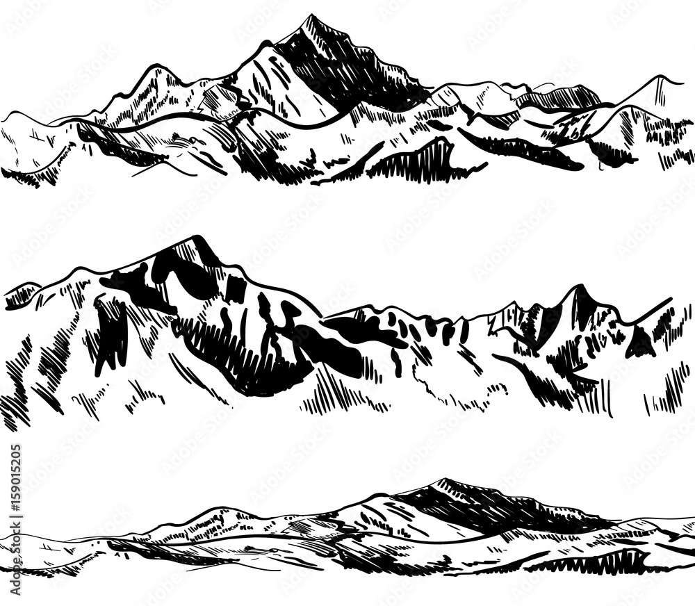 Mountains silhouette. Mountain peak, hills tops, berg and mountain valley  silhouette, Tibet or Alps mountains sketch vector illustration set Stock  Vector Image & Art - Alamy