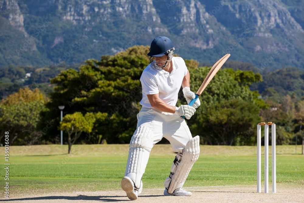 Naklejka premium Full length of cricket player playing on field