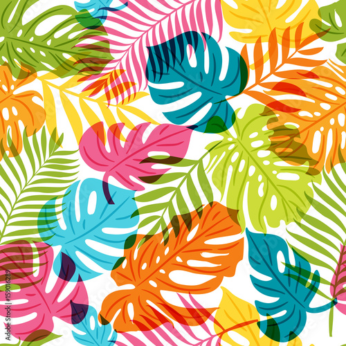 Vector seamless pattern with multicolor palm tree leaves. Summer tropical background. Trendy design for fabric and textile print.