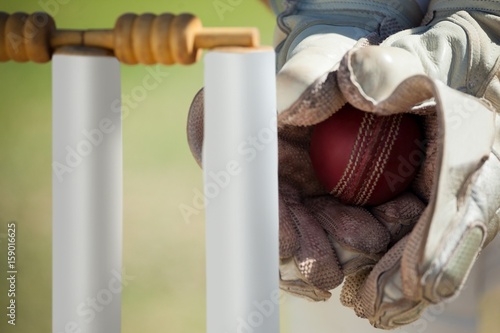 Hands of wicketkeeper catching ball behind stumps