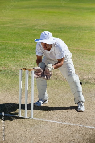 Full length of wicketkeeper standing behind stumps on field