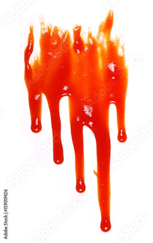red ketchup splashes dripping isolated on white background, tomato pure texture
