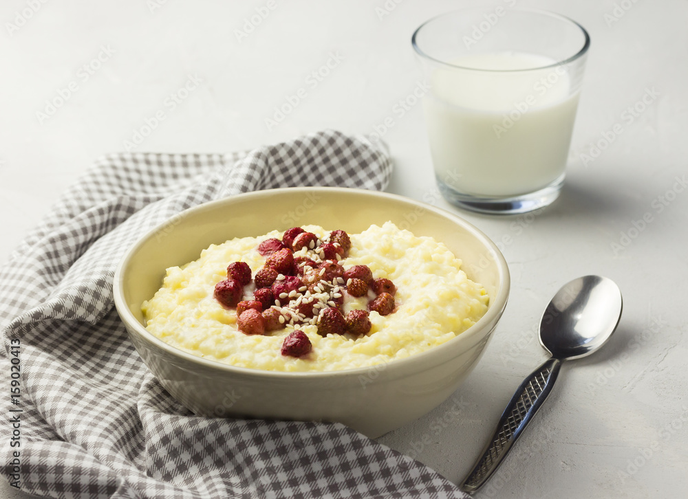 Almond milk millet porrodge with berries. Almond milk millet porrodge with berries.