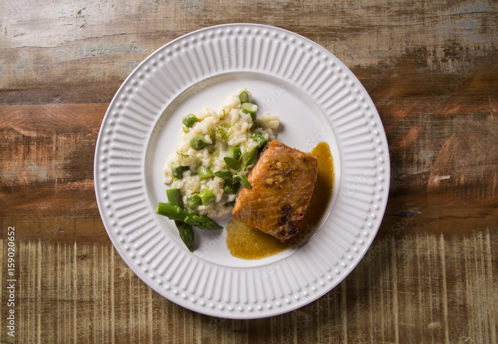 Asparagus risotto with grilled salmon Asparagus risotto with grilled salmon