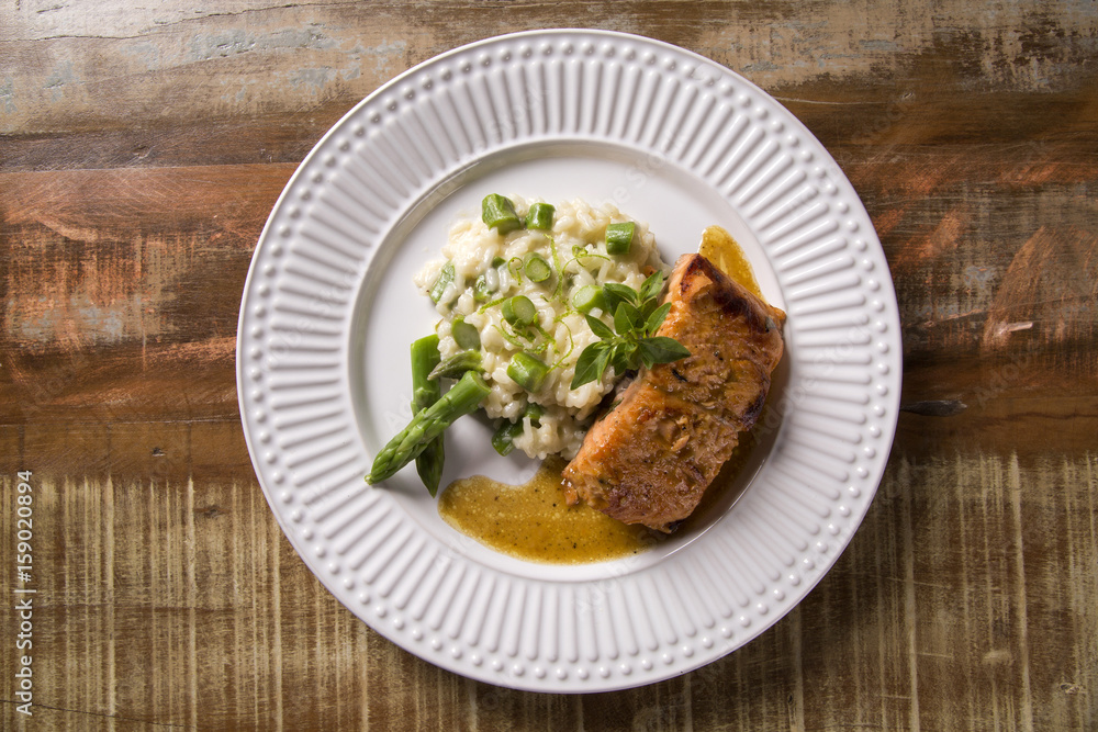 Asparagus risotto with grilled salmon Asparagus risotto with grilled salmon