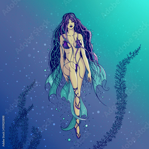 Vector illustration of a swimming sea mermaid with long beautiful hair. The girl water-nymph with the fins and the swimsuit squama enjoying the water element. Freehand drawing.