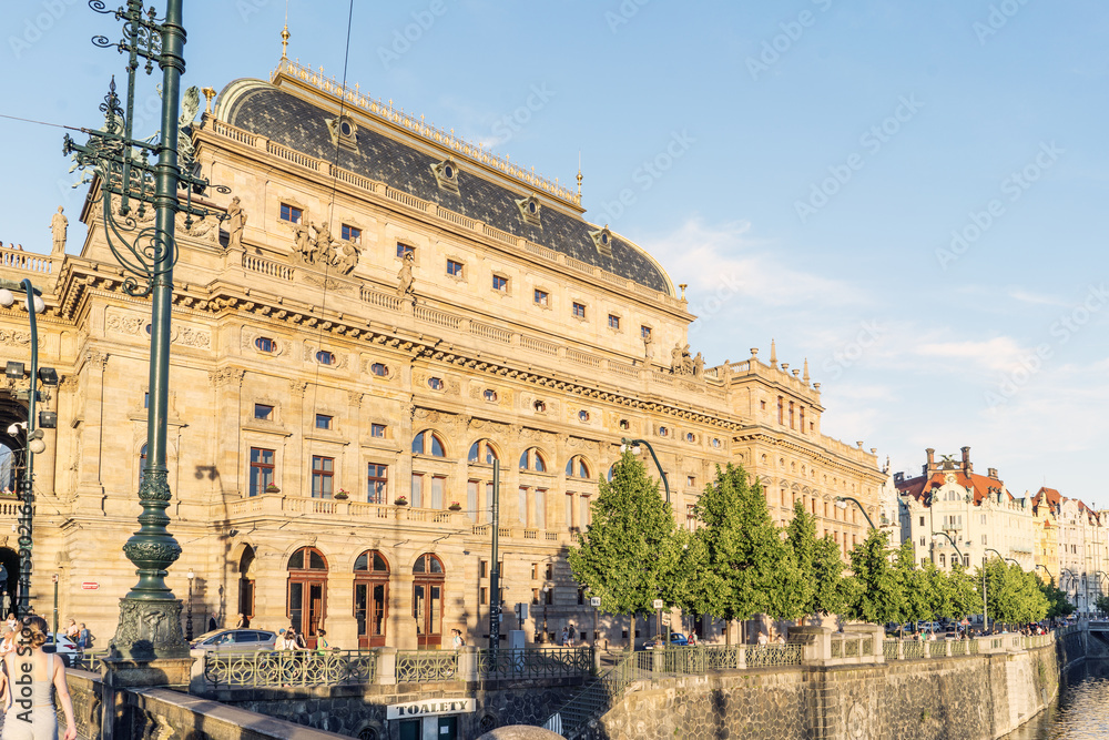 Obraz premium View of the National Theater Narodni divadlo view from the Legii bridge in Prague,