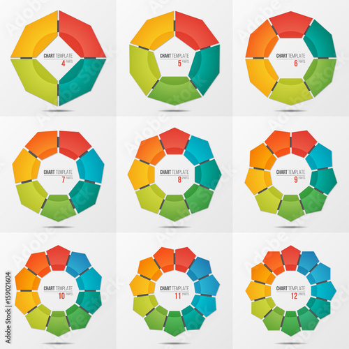 Set of polygonal circle chart templates with 4-12 parts