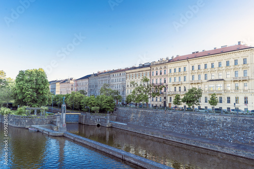 Panoramic views of Prague and the Vltava river, taken from the Legii bridge.