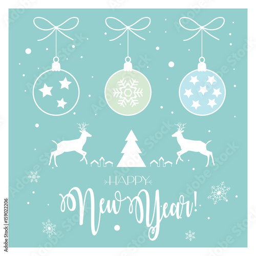 Happy New Year greeting card. Retro Vector. Christmas decoration. Reindeer, Christmas balls, snowflakes. © sofiartmedia