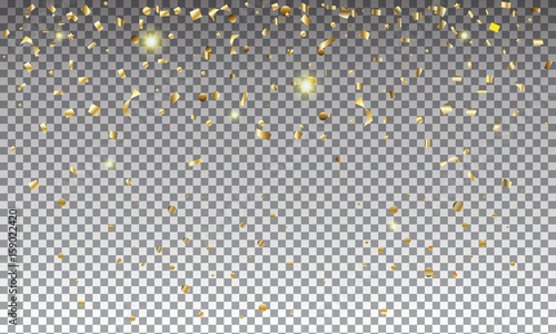 Gold confetti, sparkles isolated on transparent background. Holiday festive design template. Gold foil texture. Vector illustration