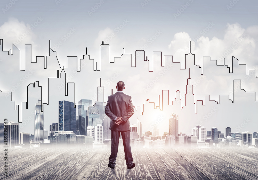 Motivation and inspiration concept with modern cityscape and bus Motivation and inspiration concept with modern cityscape and bus