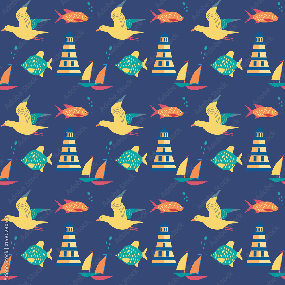 Maritime seamless pattern. Seagull nautical symbol. Freehand drawn cartoon style. Vector Seashore summer marine element. Template with sailing signs background for textile, packaging print projects Maritime seamless pattern. Seagull nautical symbol. Freehand drawn cartoon style. Vector Seashore summer marine element. Template with sailing signs background for textile, packaging print projects