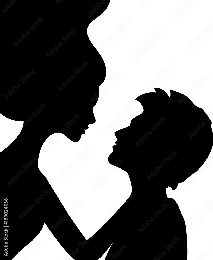 Flying woman embraces man, black and white vector illustration