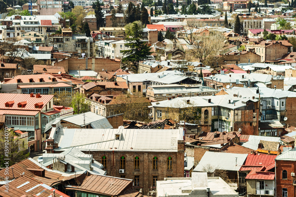 Georgia, Tbilisi, top view of a fragment of the historical part of the city center.