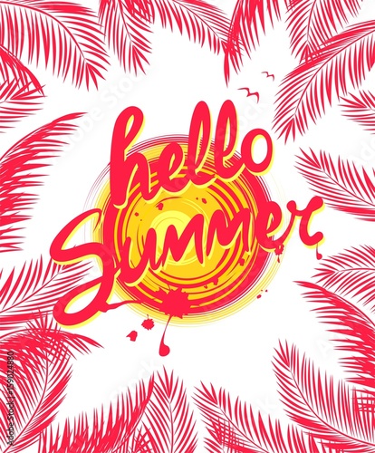 Summery poster with palm leaves and hello summer lettering