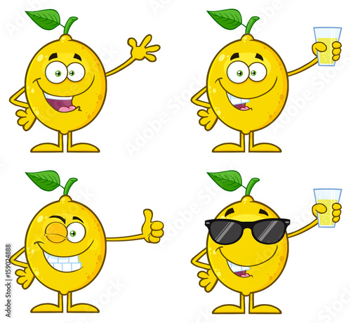 Yellow Lemon Fresh Fruit With Green Leaf Cartoon Mascot Character 1. Set Collection Isolated On White Background