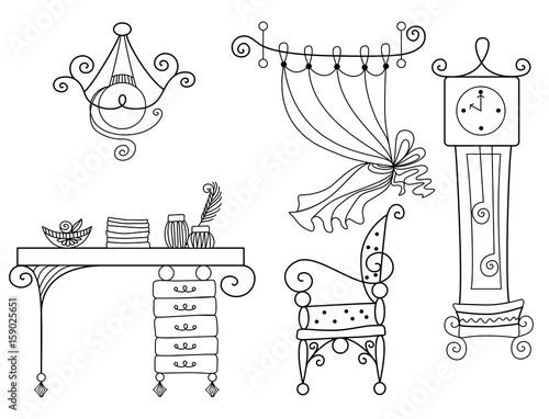 Vector silhouette of hand drawn classy office room with chandelier, desk, chair, curtain and floor grandfather clock on white background, isolated cartoon furniture painted illustration, high quality