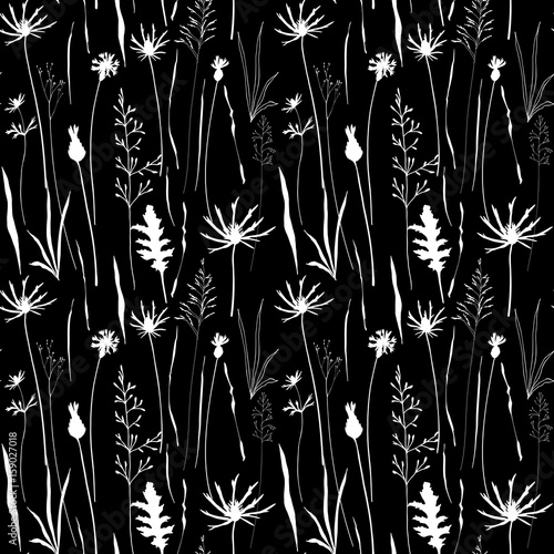 Vector floral seamless pattern with wild meadow flowers, herbs and grasses.