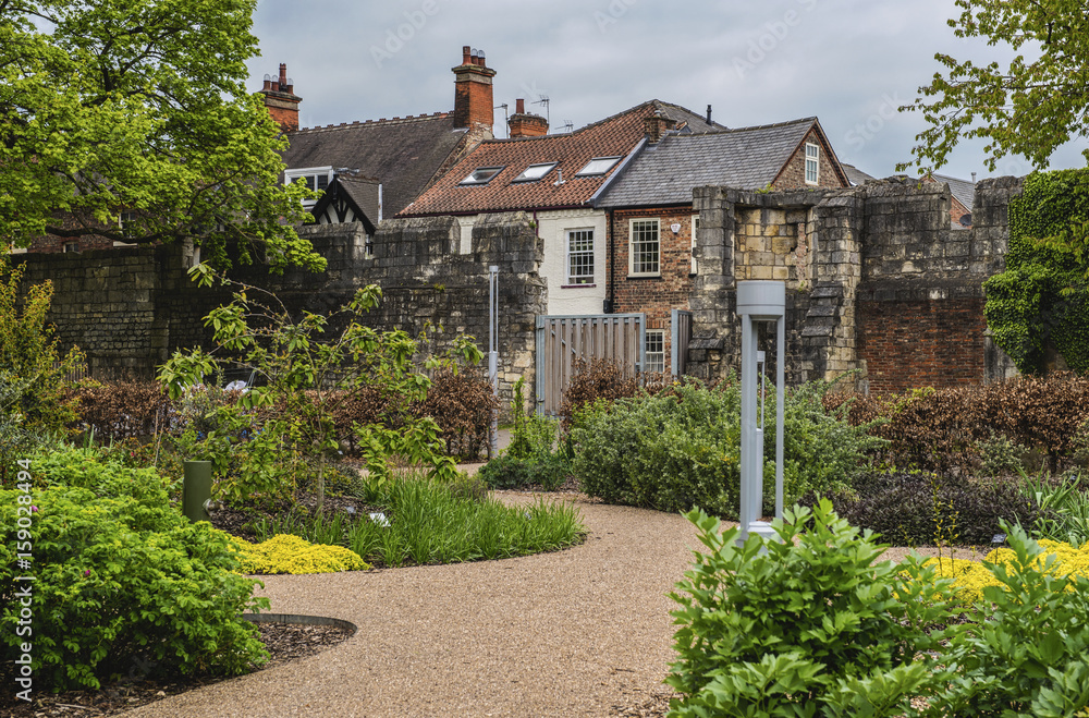 York, England.  Public Park and formal garden setting with shrubs, trees, plants and houses in the background.  Overcast sky in the background