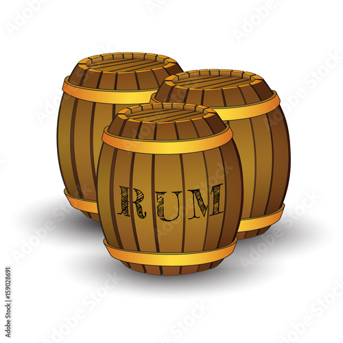 Three wooden barrels with label 'RUM'