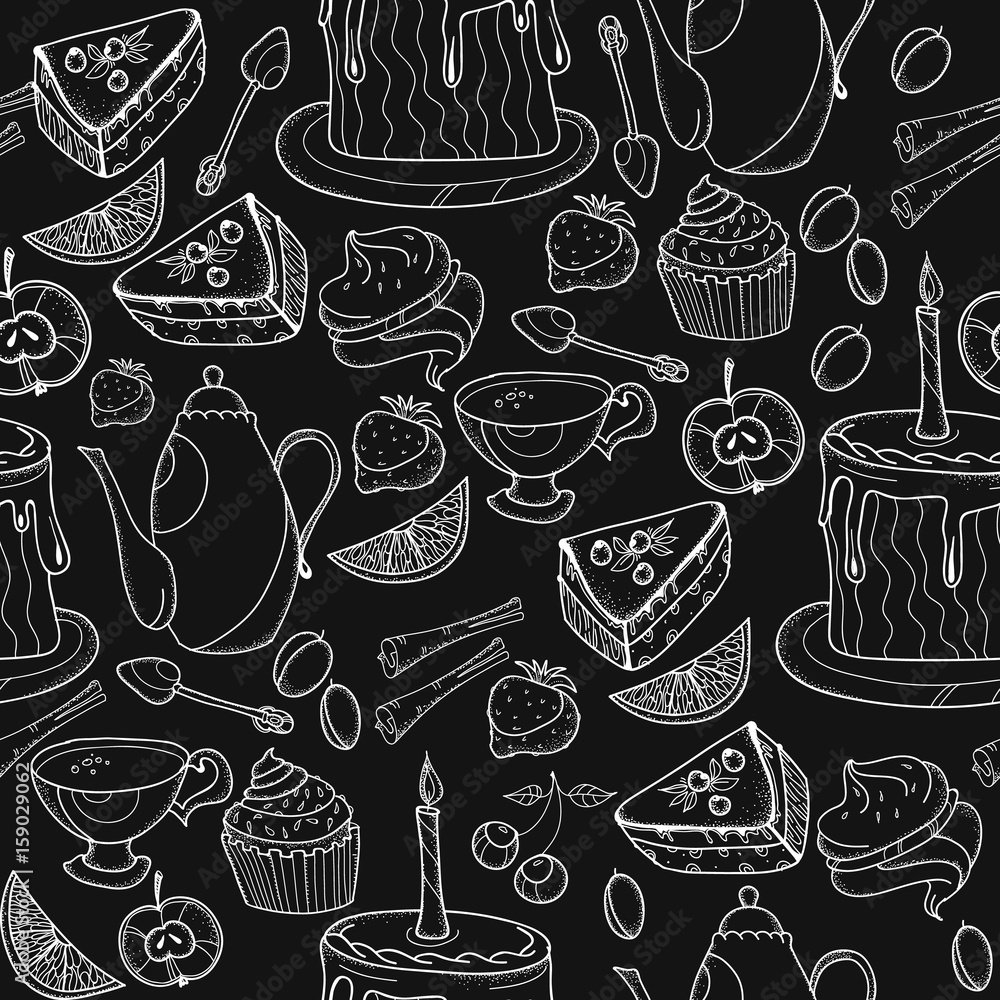 Time for tea and teapot, sweet pastries seamless pattern on black background, tea party hand drawn chalk sketch