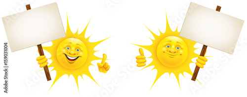Fröhliche Cartoon Sonne mit Hand Gesten hält Schild - Set