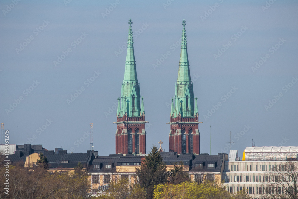 The towers on St. John's Church in Helsinki, The capital of Finland.
