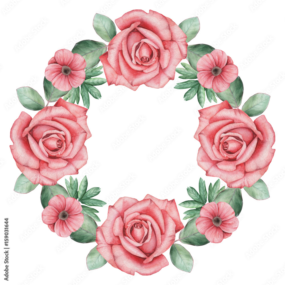 Hand painted watercolor charming combination of Flowers and Leaves, isolated on white background Hand painted watercolor charming combination of Flowers and Leaves, isolated on white background