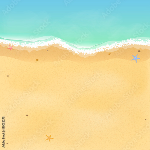 Summer time. Top view of an exotic empty beach with sea stars and seashells. A place for your project. A foamy sea with waves. Vector illustration